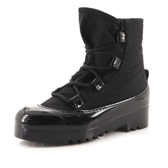 Chanel Women's Lace Up Snow Ankle Boots Nylon with Patent Black - Picture 1 of 5